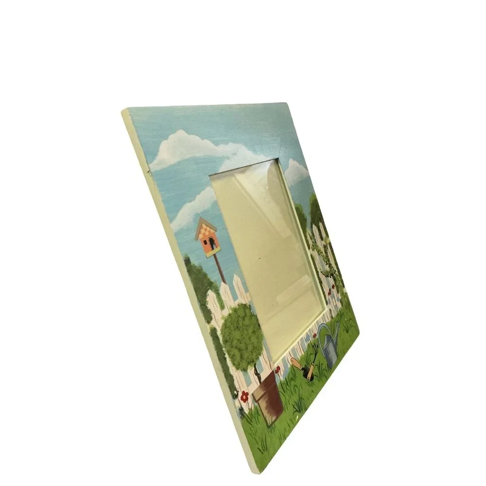 Rare Vintage Garden Scene Wooden Picture Frame 12” X 9.25” X .50” With Easel Bac